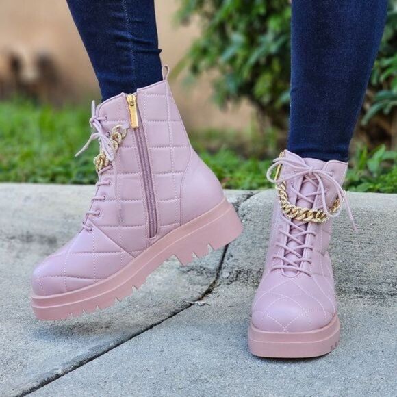 Womens Chunky Block Heel Ankle Combat Boots Pink Color - Picture 4 of 7